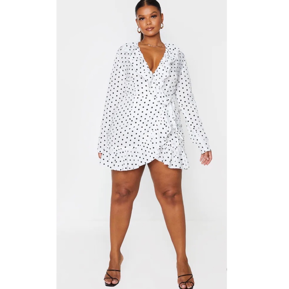 Pretty little thing Plus White Polka Dot Frill Detail Wrap Dress